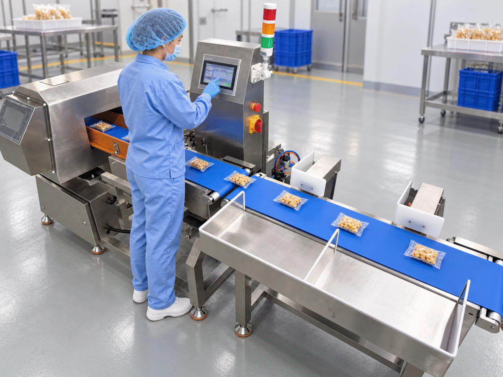 Operator monitoring a metal detector and checkweigher combination system