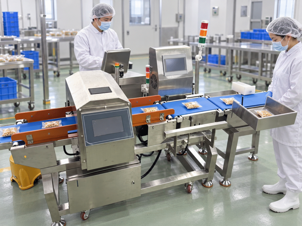 Separate inspection and reject sections on an integrated metal detector and checkweigher